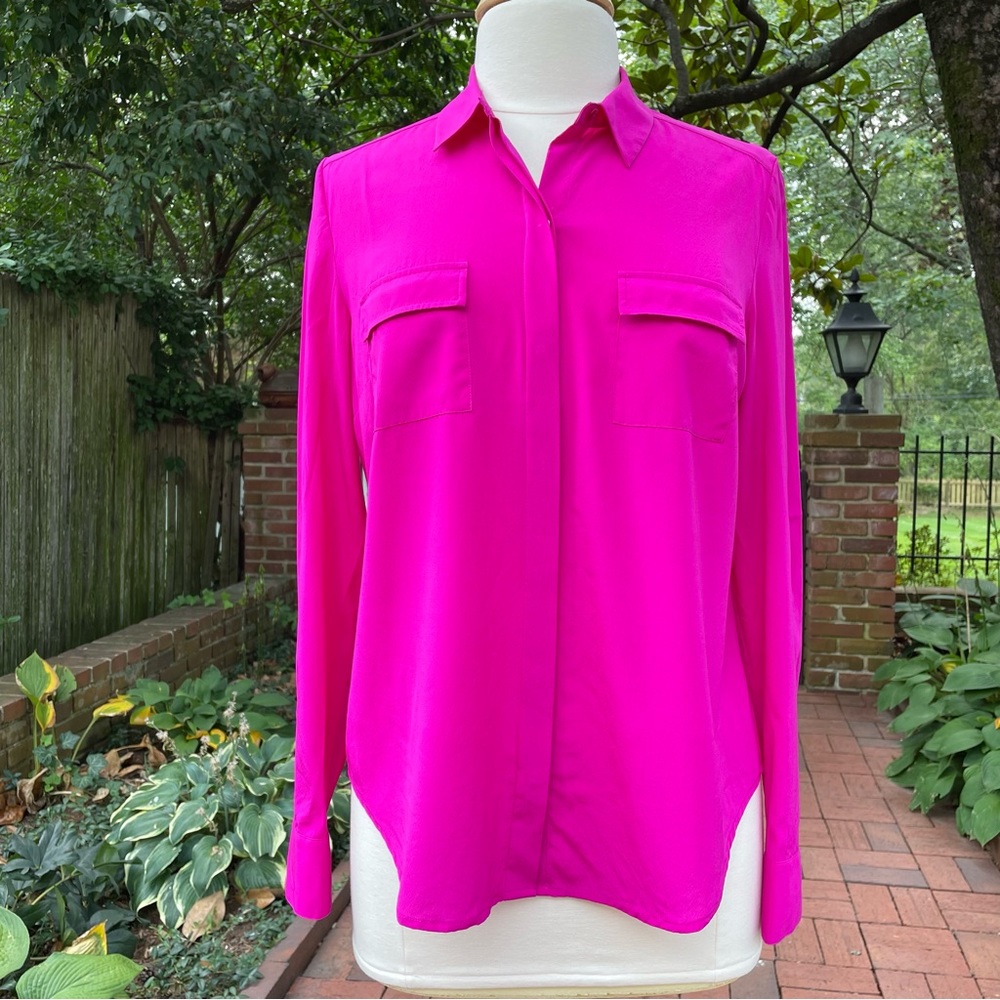 Ann Taylor button up collared hot pink silk shirt size 10